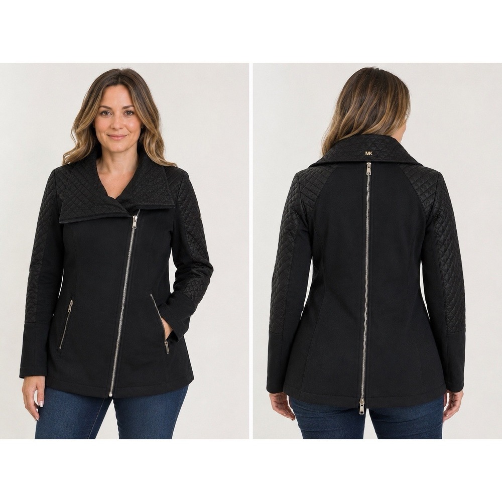 Michael Kors Asymmetrical Zip‎ Quilted Jacket Coat Black Women's Large